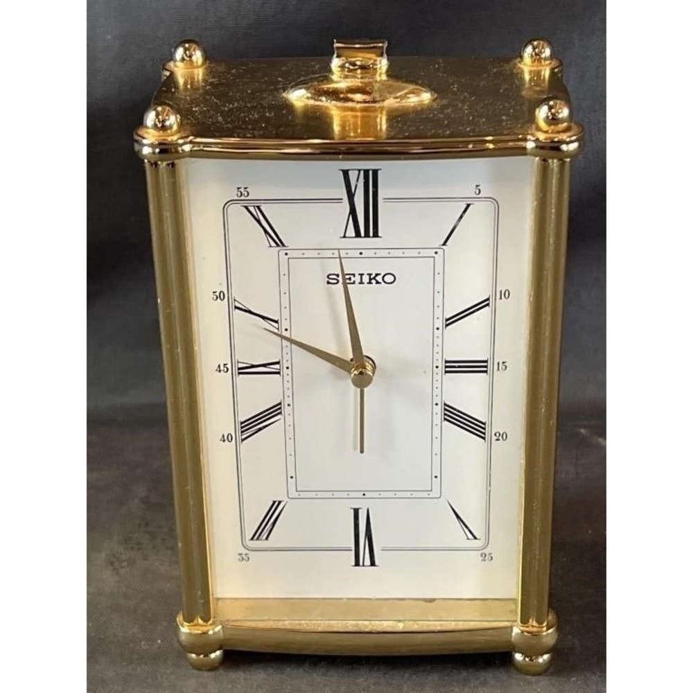 Seiko QHE013G Brass Tone Carriage Clock Roman Numeral Quartz Desk Mantel Clock